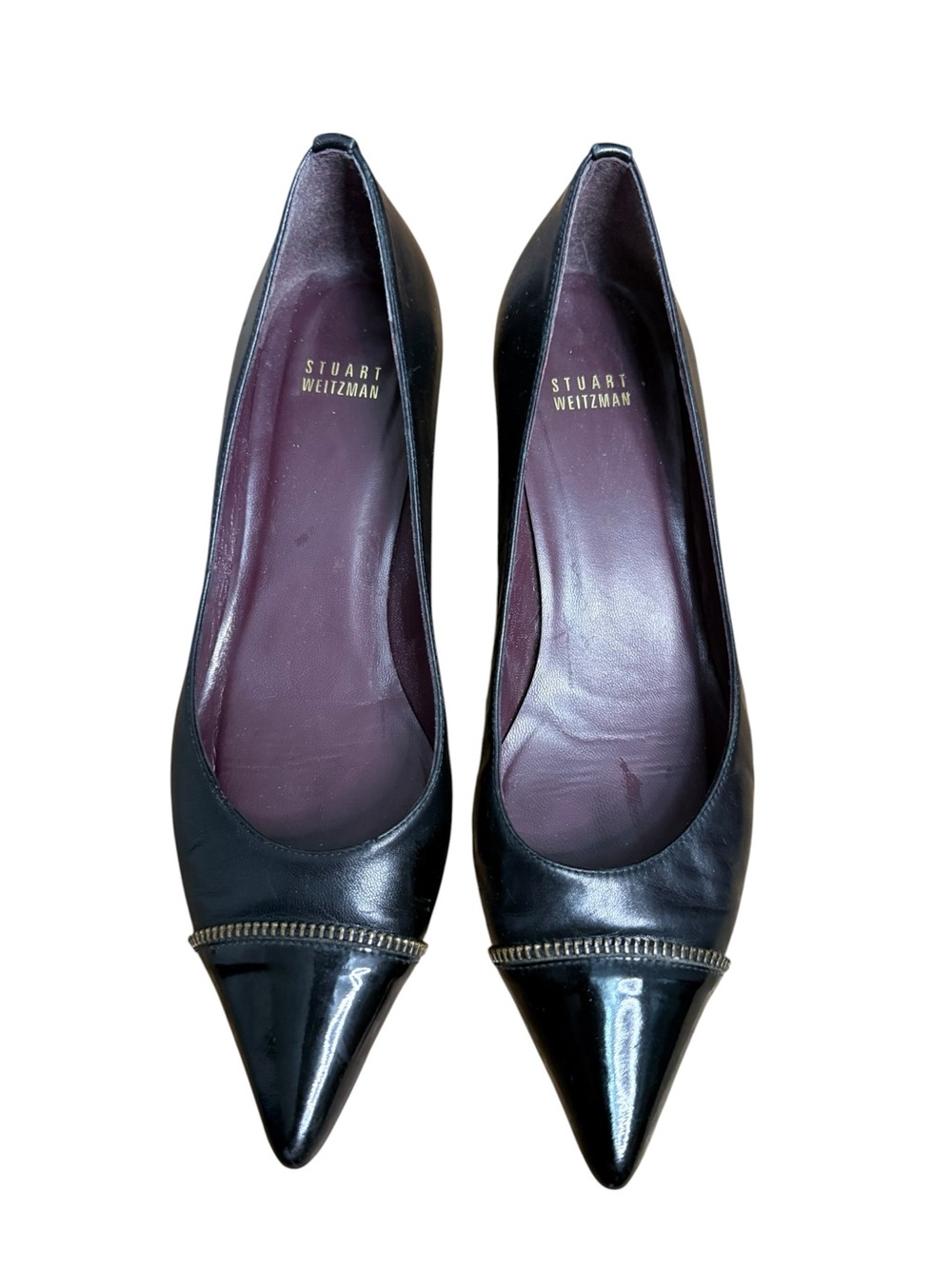 Stuart Weitzman Black Leather Kitten Heel Pointed Patent Toe Pumps Shoes Women 9